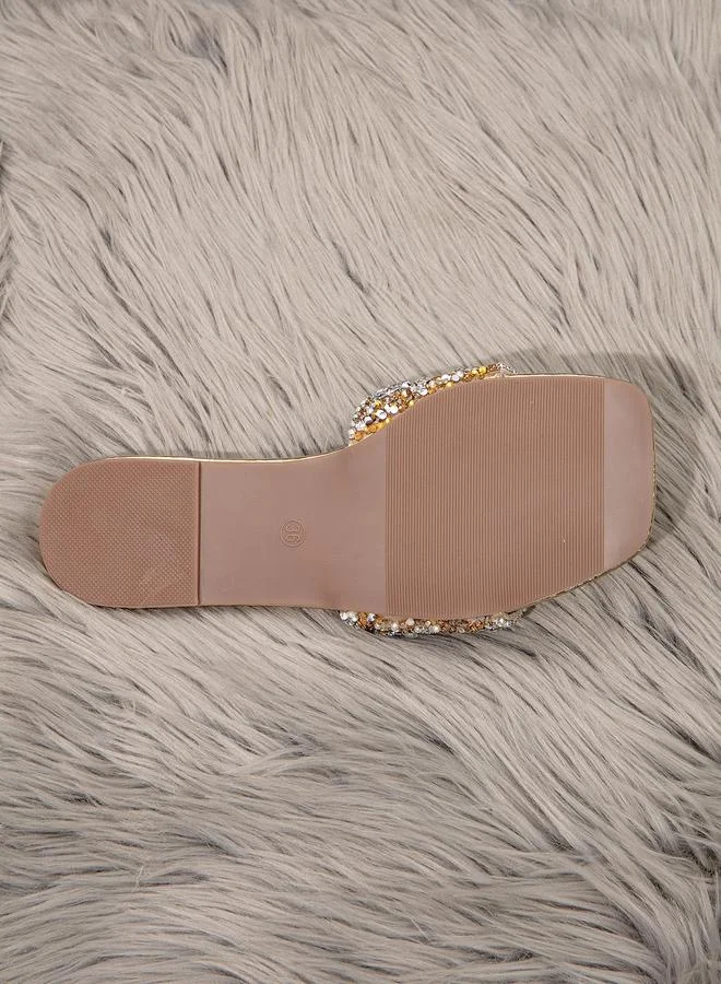 Take Two Gold Embellished Rhinestone Flat Sandals for Women | Best Price UAE